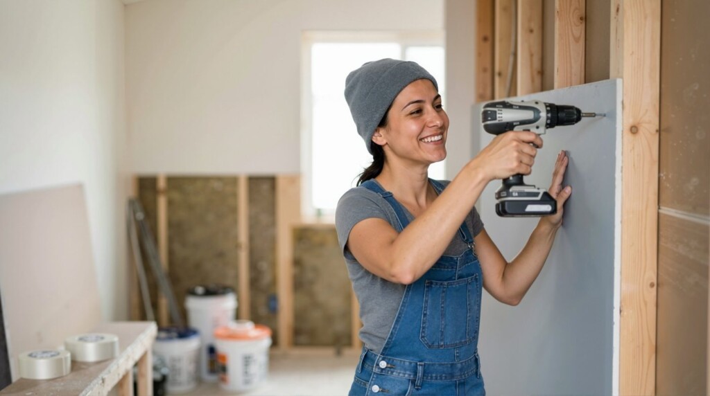 Femme qui installe une plaque de plâtre avec une perceuse lors de rénovations de maison.