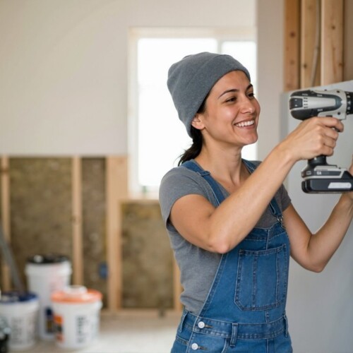 Femme qui installe une plaque de plâtre avec une perceuse lors de rénovations de maison.
