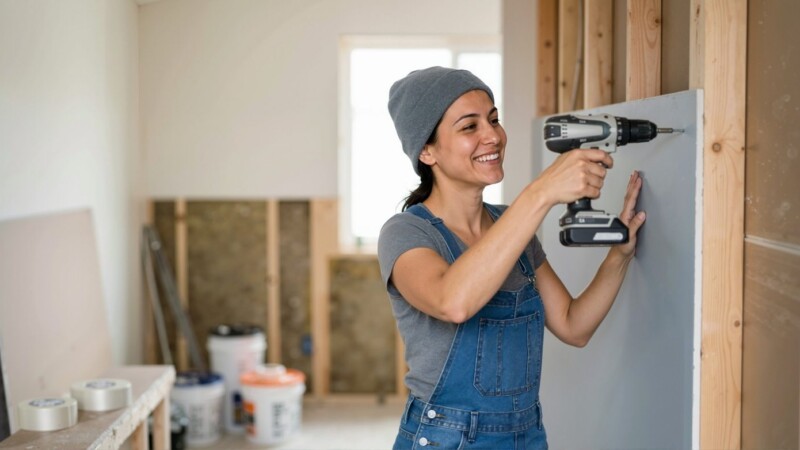 Femme qui installe une plaque de plâtre avec une perceuse lors de rénovations de maison.